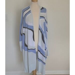 Chico's Abstract Swirl Open Front Cardigan Size 2 Lg Blue Kimono Wrap